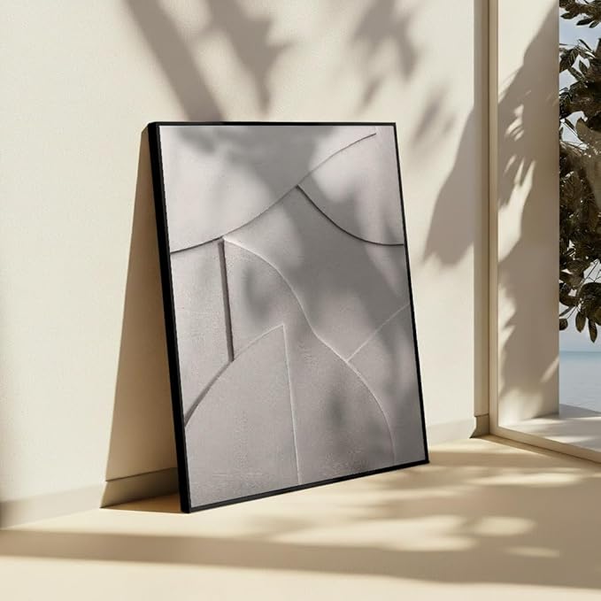 Monem Art Minimalist White Geometric Texture Print - Abstract Scandinavian Wall Art Poster - Wall Decor for Living Room, Bedroom or Office - 12x16 Black Framed CANVAS Wall Art by Mareike Bohmer