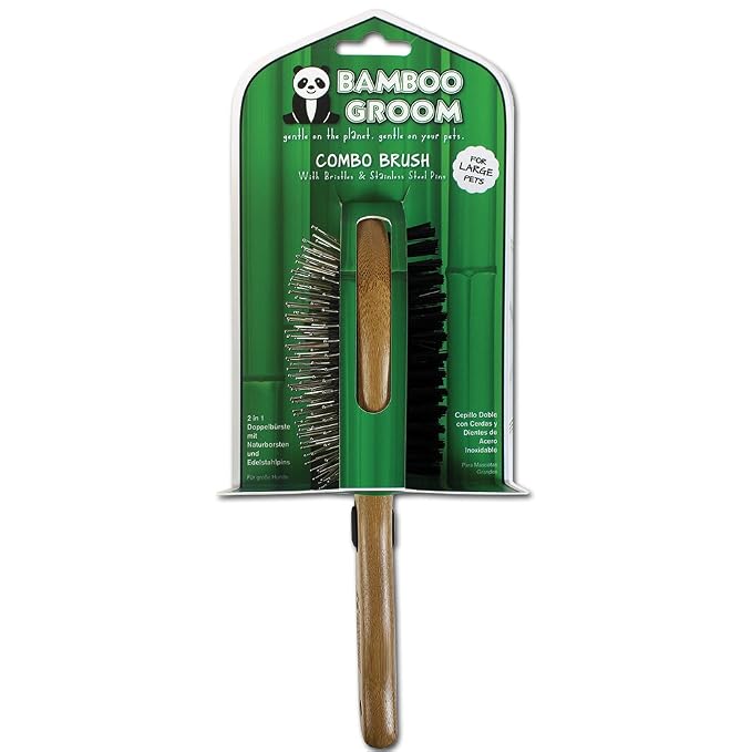 Bamboo Groom Combo Brush with Bristles & Stainless Steel Pins for Pets, Large