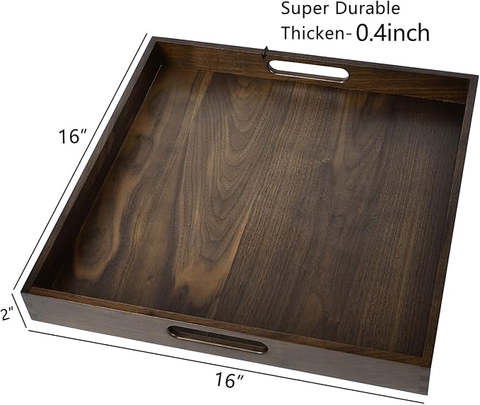 16 x 16 inches Large Square Ottoman Tray Solid Black Walnut Table Platter Decorative Wooden Serving Tray with Handle for Oversized Ottoman Home Breakfast in Bed Tea Coffee