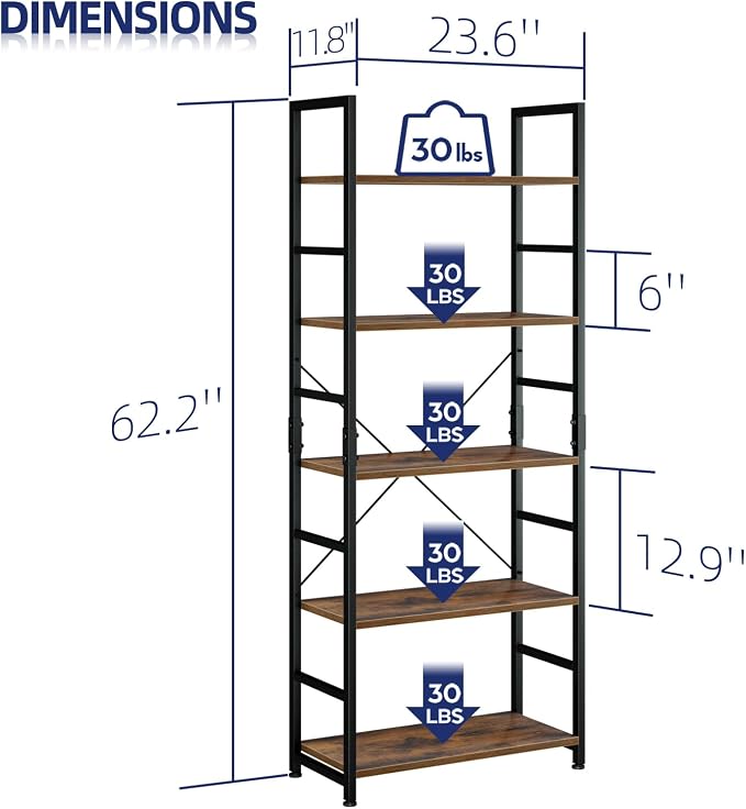NUMENN 5 Tier Bookshelf, Tall Bookcase Shelf Storage Organizer, Modern Book Shelf for Bedroom, Living Room and Home Office, Vintage