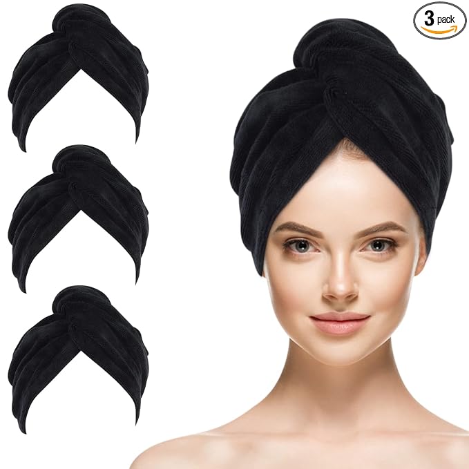 SINLAND Microfiber Hair Drying Cap Hair Towel Turban Twist for Women Fast Drying Towels Head Turban Absorbent Soft Lightweight 3 Pack Black