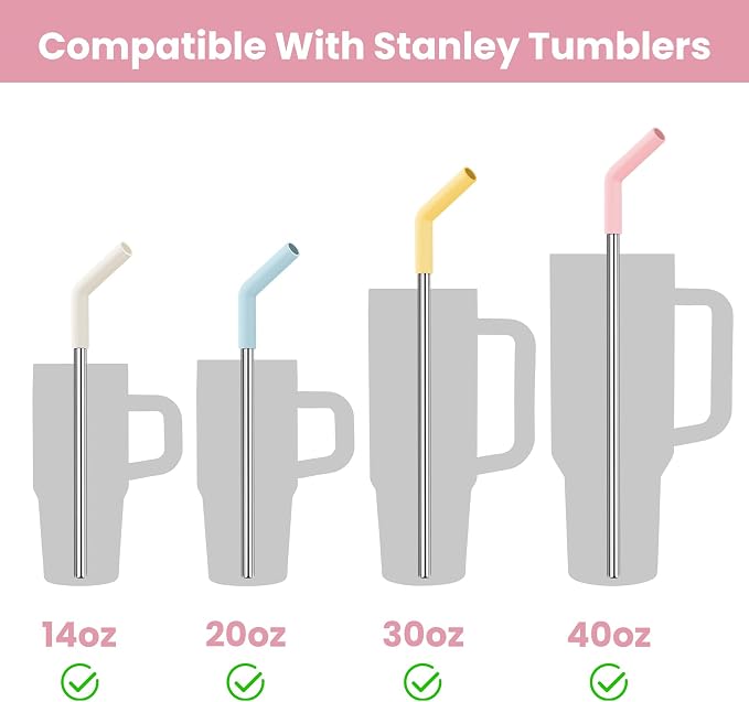 Tomorotec 6-Pack Reusable Stainless-Steel Straws with Silicone Tips, 3 Sizes Compatible with Stanley Tumblers 40OZ 30OZ 20OZ 14OZ, Dishwasher Safe, Includes 2 Cleaning Brushes (Candy Land)