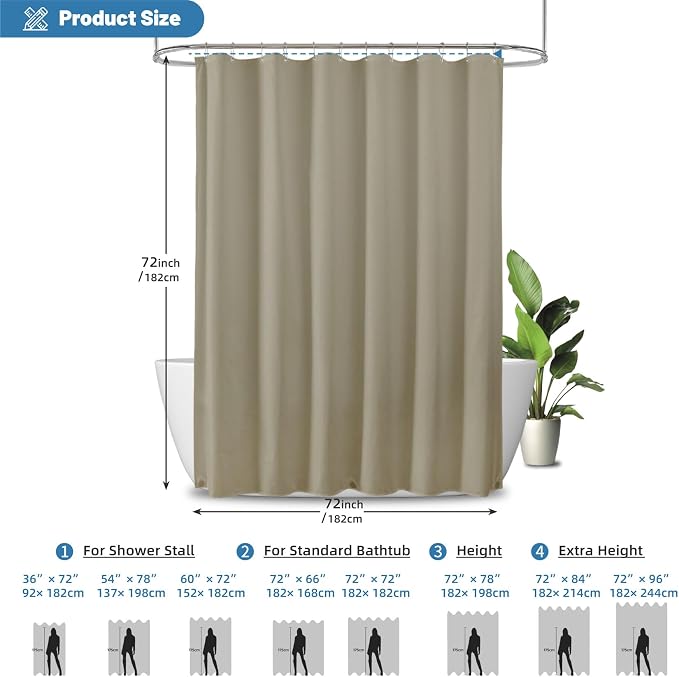 1 Pack Water-Repellent Fabric Shower Curtain Liner - Hotel Quality Machine Washable, 3 Heavy-Duty Magnets with Rustproof Grommets & Weighted Hem, Standard Size 72x72in Khaki