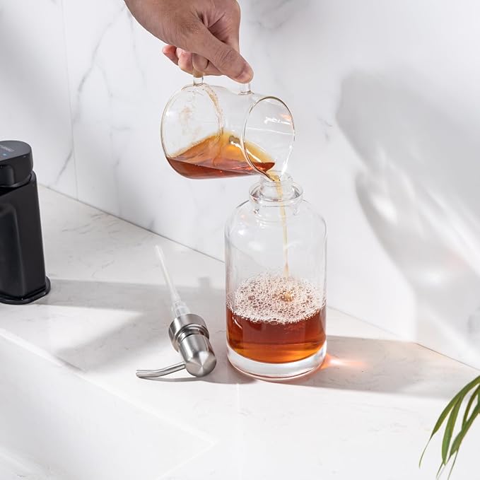 Glass Soap Dispenser Clear with Brushed Nickel Pump, 16.9 OZ Liquid Soap Dispenser Cylindrical with Stainless Steel Pump for Dish Hand Soap Bathroom Kitchen Vanity Countertop