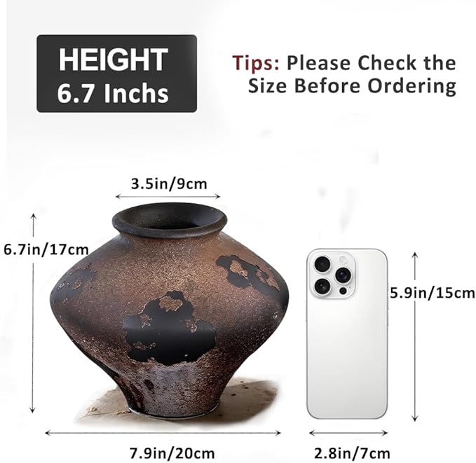 Rustic Wabi Sabi Rusty Vintage Vase - 6.7'' Wabi Sabi Decorative Farmhouse Pottery Flower Vase, Brown Ceramic Vases for Home Decor, Table, Centerpiece, Shelf, Entryway, Living Room, Bedroom, Bathroom