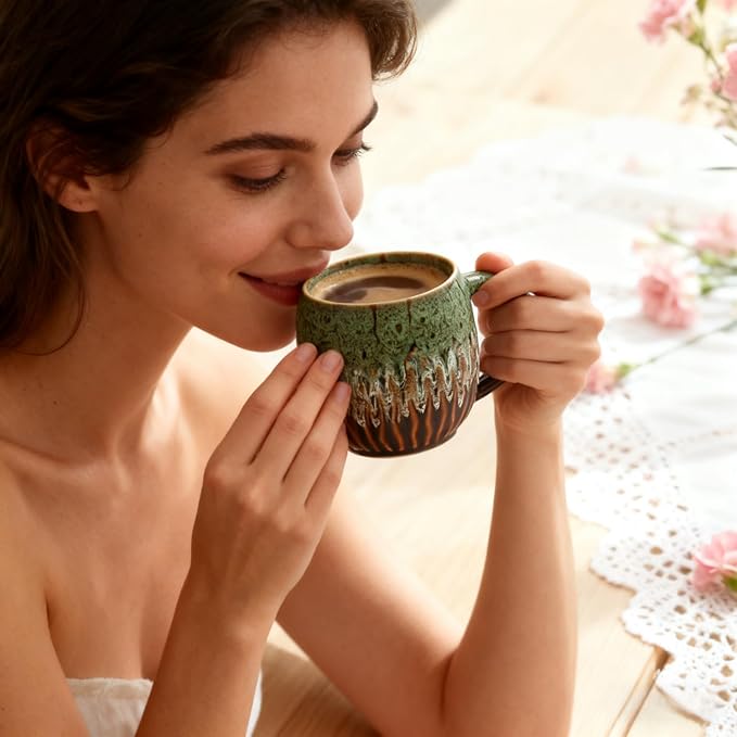 20oz Large Coffee Mug - Unique Handcrafted Look Ceramic Cup, Large Tea Mug, Microwave & Dishwasher Safe (green)