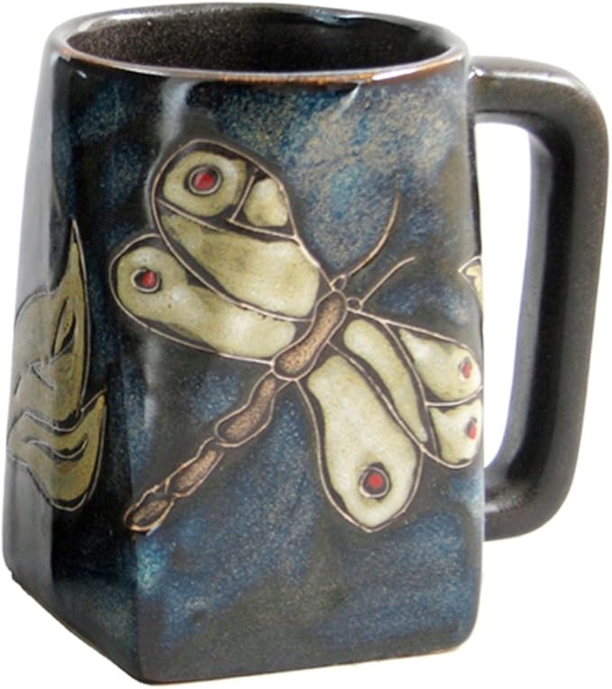 One (1) MARA STONEWARE COLLECTION - 12 Ounce Coffee or Tea Cup Collectible Square Bottom Mug - Dragonfly/Insects Design