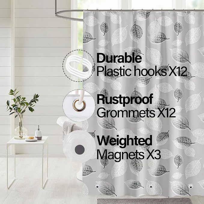Plastic Shower Liner - Premium PEVA 4G Shower Curtain Liner with Rustproof Grommets and 3 Weighted Magnets, Waterproof Shower Curtains for Bathroom (Black and White Leaf)