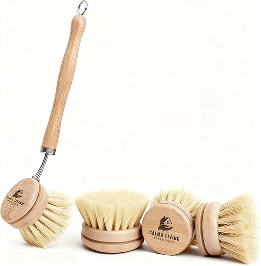 Bamboo Scrub Brush with Handle – Soft Sisal Bristles, Non-Toxic Dish Brush, Compostable & Biodegradable, Bamboo Dish Scrubber for Cookware, Bowls, Plates & Non-Stick Pans