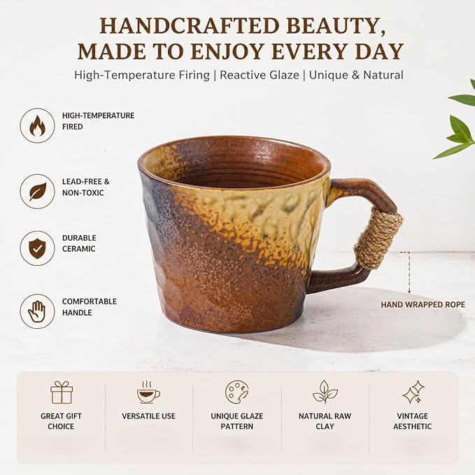 10oz Retro Vintage Japanese Style Handmade Ceramic Tea Cup with Handle, Lead-Free Reactive Glaze Artisanal Coffee Mug, Handmade Pottery Tea Mug for office and home,for Latte and Cappuccino,Brown