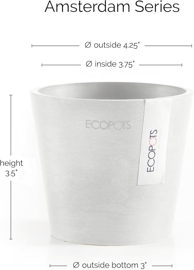 Ecopots Amsterdam Mini Durable Modern Round Recycled-Based Composite Flower Pot Planter, Pure White, 4"