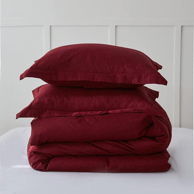 Simple&Opulence French Linen Duvet Cover Set 68" x 86"- 2 Pieces (1 Comforter Cover,1 Pillowcase)- Natural Flax Cotton Blend-Solid Color Breathable Farmhouse Bedding-Burgundy, Twin