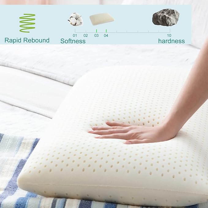 Talalay Latex Pillow, Medium Soft Latex Foam Pillow for Sleeping, Queen Size Bed Pillow for Back with Removable Cotton Inner Cover, Side and Stomach Sleepers, Helps Relieve Shoulder and Neck Pain