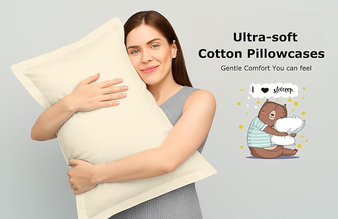 2 Pack Pillow Shams Queen Size 20x30 – 600 Thread Count 100% Organic Cotton Ivory Pillow Covers with 2 Inch Flange, Soft & Smooth Premium Hotel-Quality Pillowcases Set of 2