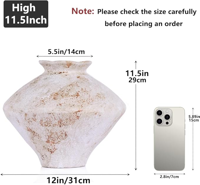 Wabi Sabi Vase 11.5" Whitewashed Distressed Ceramic Vase with Brown Speckles, Wide Mouth Rustic Vintage Vases for Table Centerpieces, Farmhouse Home Decor for Living Room Entryway Shelf