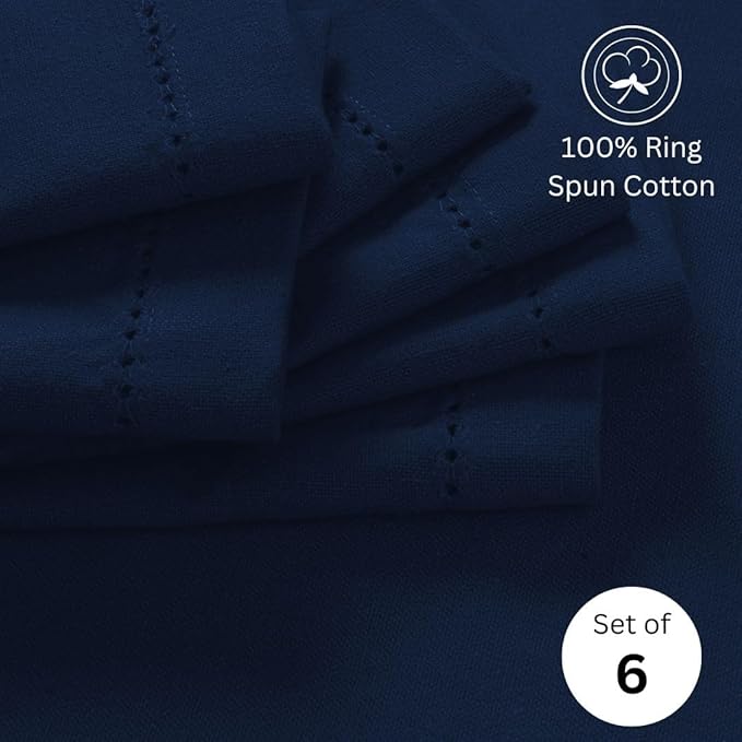 Hemstitch Cloth Dinner Napkins 100% Cotton Set of 6 - for Dining Special Occasions Weddings Parties Holidays Easter - Soft Durable Reusable - 18x18 Inch Table Cloth Napkins Navy Blue