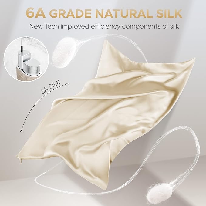 100% Pure Mulberry Silk Pillowcase for Hair and Skin - Allergen Resistant Dual Sides,600 Thread Count Silk Bed Pillow Cases with Hidden Zipper,1pc,Queen Size,Champagne