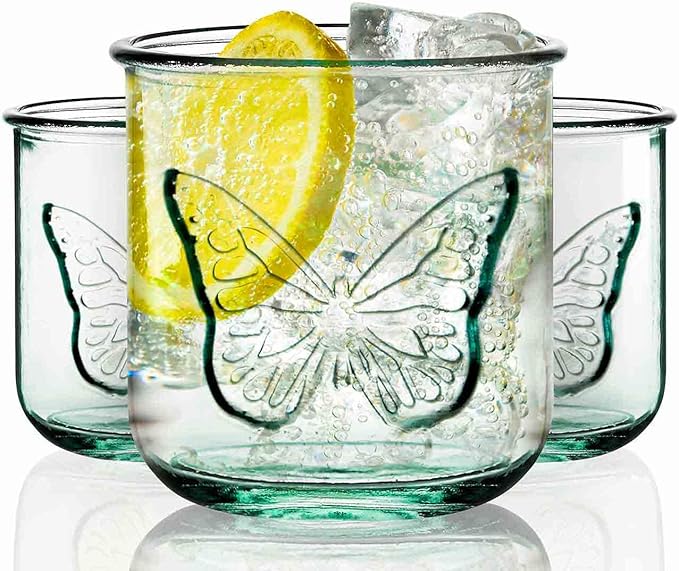 COURONNE CO. Clear Recycled Drinking Glass Tumbler, Perfect for Cocktails, Refreshments & Everyday Use, Restaurant Grade, Crafted without lead-based materials (10.1 Oz, Butterfly), Pack of 6