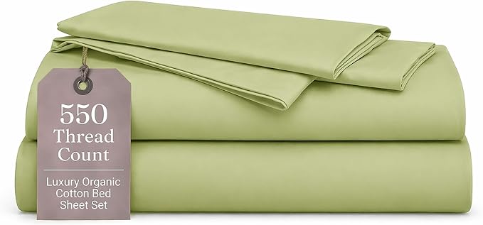 ORGANIC TEXTILES Premium Quality Bed Sheets - Organic Cotton 550 Thread Count - GOTS Certified - Full, (4 Pc. Set) - Sage Green