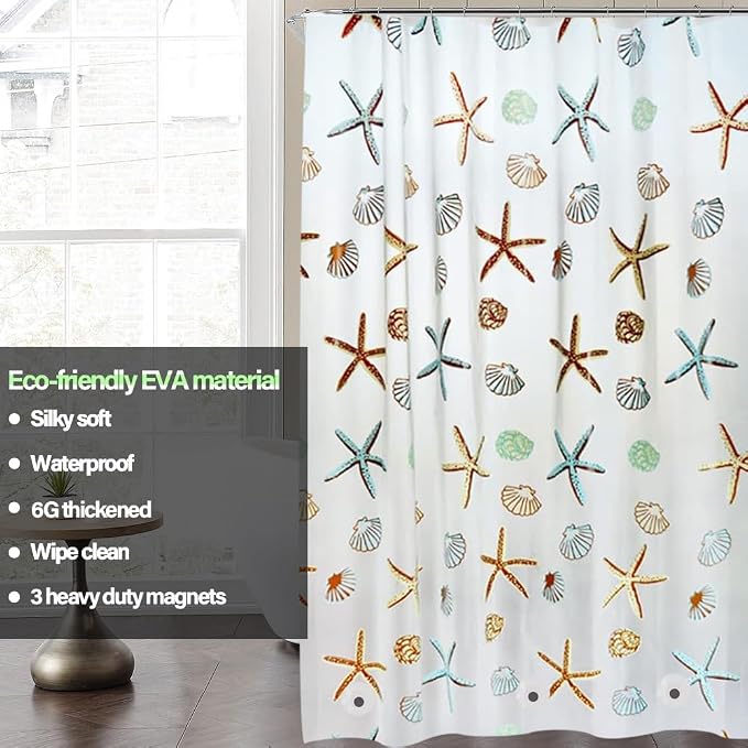 Plastic Shower Liner - Premium EVA Thickened Shower Curtain Liner with Rustproof Grommets and 3 Weighted Magnets, Waterproof Shower Curtain for Bathroom… (6G-Starfish, 72”*72”)