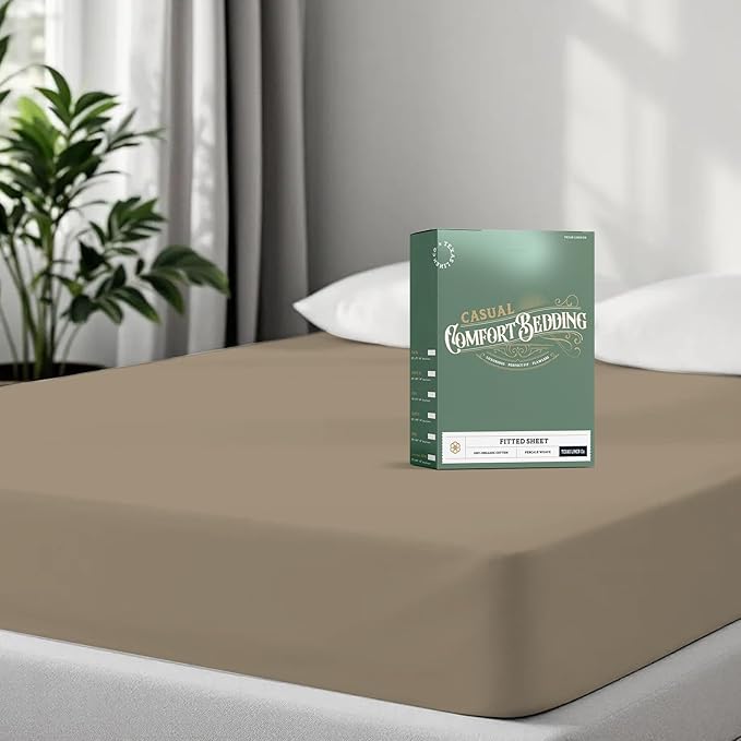 TEXAS LINEN CO. 100% Organic Cotton Percale Weave Fitted Sheet California King Size, Taupe, 1 Deep Pocket Cal King Fitted Sheet, Fits Mattress Upto 16" Crisp and Cool Bed Linen, Luxury GOTS Certified