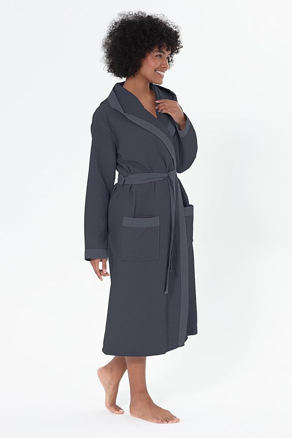 SEYANTE Women's Organic Cotton Waffle Kimono, Hooded Robe – GOTS Certified Lightweight Full-Length Spa Bathrobe with Piping