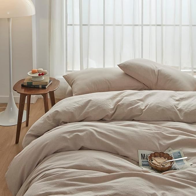 FACE TWO FACE Bedding Duvet Cover Set100% Washed Cotton Duvet Cover Linen Like Textured Breathable Durable Soft Comfy (Queen, Tannish Linen Grey)