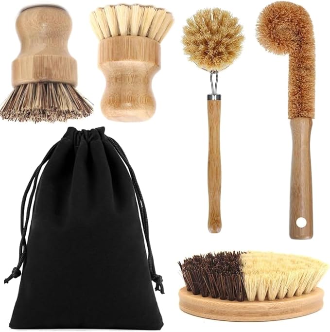 5 Pack Bamboo Dish Brush Set with Flannel Bag, Natural Sisal Bristle Kitchen Scrub Brush, Long Handle Bottle Brush and Dish Scrubber for Cleaning Pots Pans Cast Iron Vegetables Sink