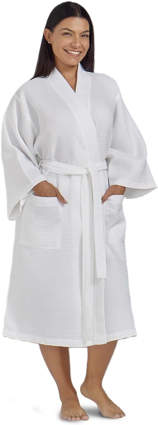 Waffle Robe for Women by BOCA TERRY, Soft Cotton Spa Robes for Summer, Lightweight Knit Waffle Bathrobe, Kimono Bathrobes
