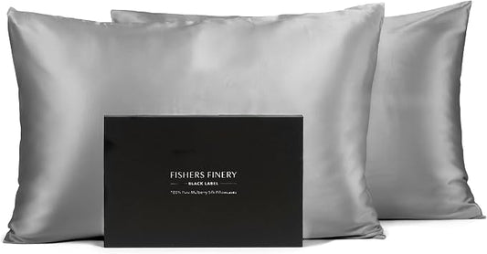 Fishers Finery 30mm 100% Pure Mulberry Silk Pillowcase Set, Quality Tested (Silver, King, 2 Pack)