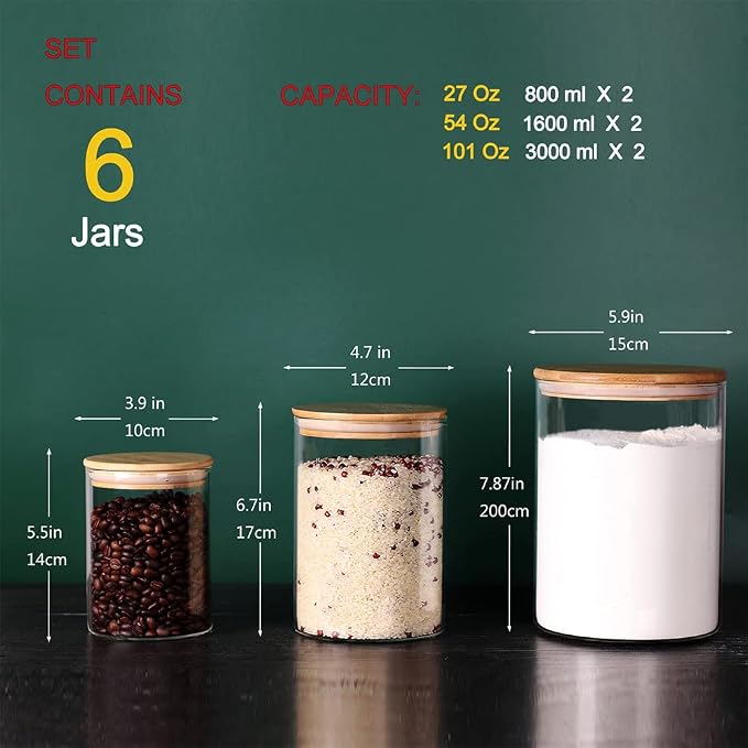 Tzerotone Glass flour Jars with Airtight Lids, 6 Pack Sugar and Flour Salt Containers Set, Extra Large Glass Rice Jar with Bamboo lid for Kitchen, Brown Suger, Beans, Groub Coffee (100OZ/54OZ/27OZ)
