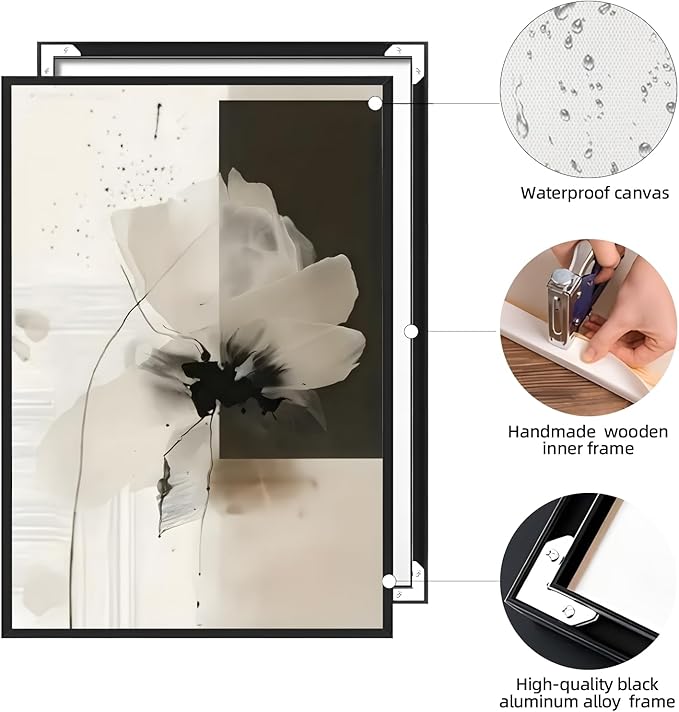 Minimalist Abstract Floral Wall Art Prints Set of 2 Neutral Beige Black Flower Canvas Painting Poster Trendy Botanical Picture for Gallery Modern Japandi Boho Home Decor 24x36inch Aluminum Framed