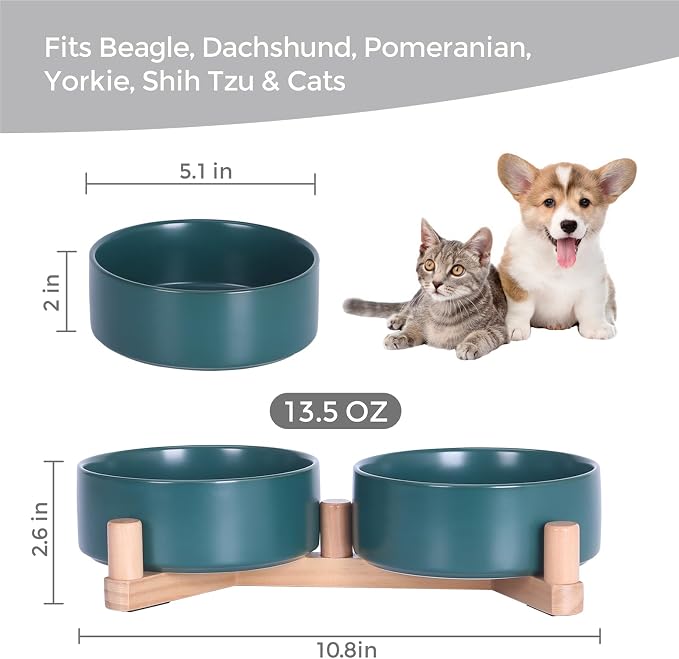 Elevated Ceramic Dog Bowls for Small Dogs, Raised Dog Bowl Set with Adjustable Wood Stand, Non-Slip Pet Feeding Station, Food & Water Bowls for Cats & Small Dogs 13.5 oz (Green)