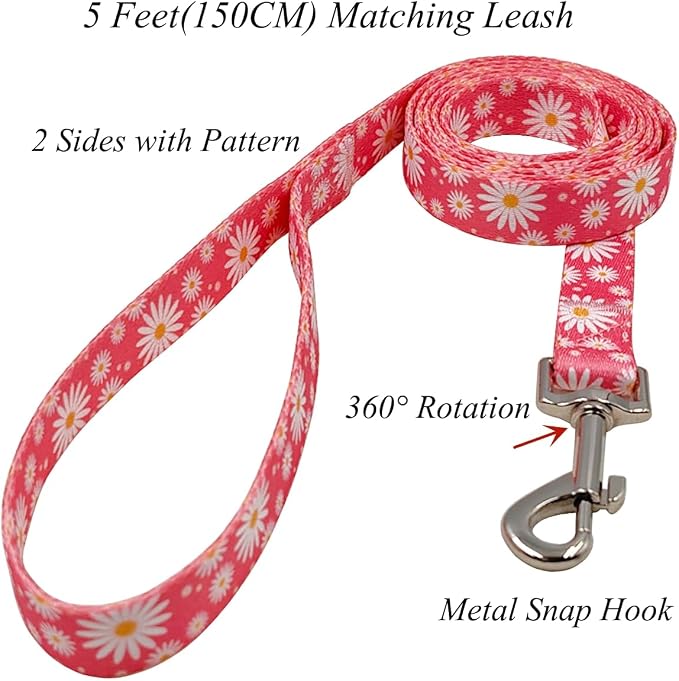 Dog Collar Leash Set, Floral Pattern, Polyester Material, Adjustable Collar and 5ft Matching Leash, for Small Dogs.(S, Daisy)