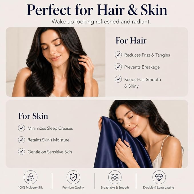 Oeko-TEX Certified Navy Silk Pillow Cases Queen Made in USA, 22 Momme, 100% Natural Mulberry Silk Pillowcase for Women Hair and Skin, Organic (Navy Blue, Queen)