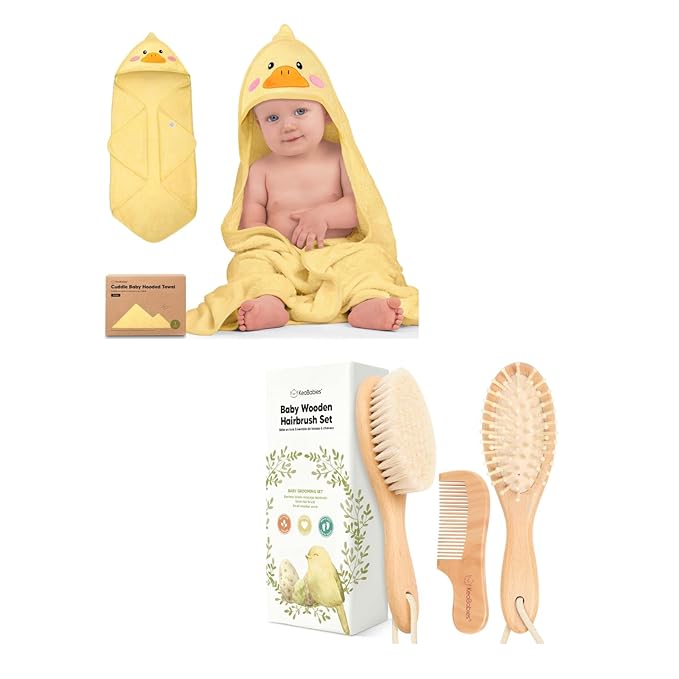 KeaBabies Baby Hooded Towel and Baby Hair Brush and Comb Set - Soft Bath Towels with Hood for Toddlers, Wooden Brush with Soft Goat Bristle for Girls, Boys, Toddlers
