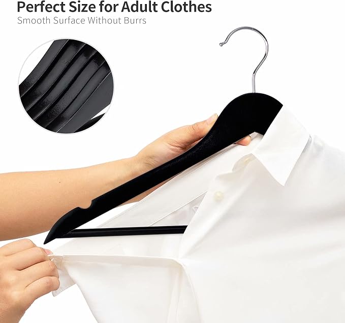 Solid Wooden Hangers 30 Pack, Wood Suit Hangers with Extra Smooth Finish, Precisely Cut Notches & Chrome Swivel Hook, Wooden Clothes Hangers for Shirt Coat Jacket Dress, Black