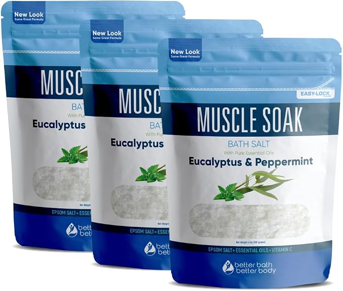Muscle Bath Salt (3-Pack with Scoop) Muscle Bath Soaks with Pure Essential Oils in BPA Free Pouch with Press-Lock Seal Made in USA, Three 2-lbs Pouches 6-Lbs Total