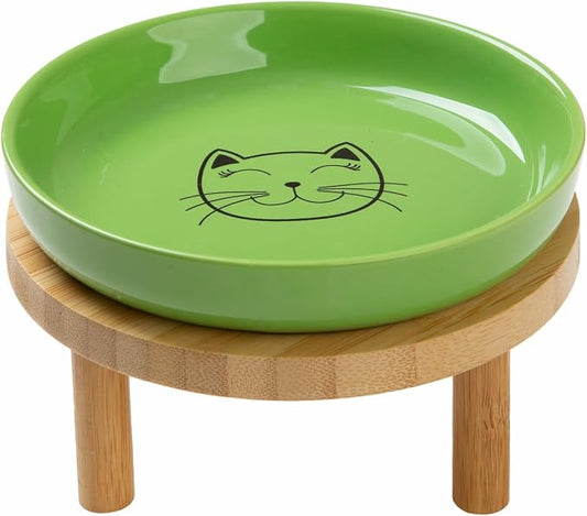 Lusifaco Shallow Elevated Cat Bowls,5.9 Inch Wide Raised Ceramic Cat Dishes with Bamboo Stand, Whisker Friendly Pet Water or Food Plates Feeding Station for Indoor Cats, Kitten(Green,Set of 1)