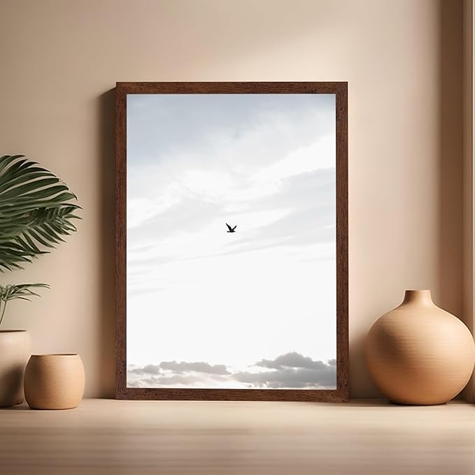 Monem Art Minimalist Bird in Sky Photography Print - Moody Nordic Landscape Art Poster - Wall Decor for Living Room, Bedroom or Office - 16x20 Brown Framed Wall Art by Mareike Bohmer