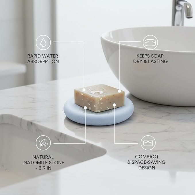 Round Diatomite Soap Dish, 3.9 Inch Natural Stone Bar Soap Holder for Bathroom Sink, Vanity, or Shower Ledge