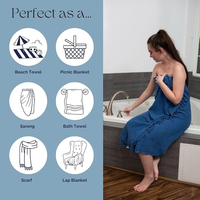 InfuseZen Stonewashed Turkish Cotton Bath and Beach Towel - Blue | 100% Organic, Thin, Soft, Lightweight, Absorbent, Quick-Drying, Large Peshtemal, Sand-Resistant for Shower, Pool, Spa, Travel