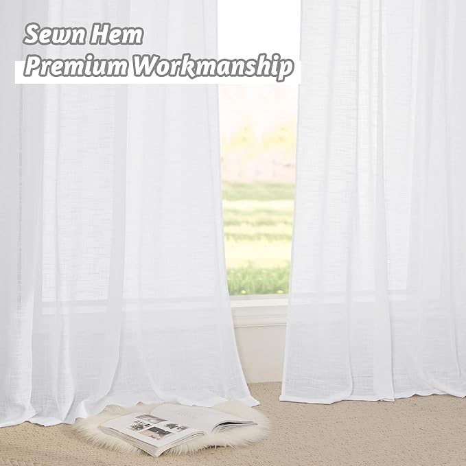 RYB HOME Semi Sheer Curtains - Semitransparent Privacy Protected Natural Light Through Texture Drapes for Bedroom Open House Decor, Width 52 x Length 63 inches, White, 2 Panels