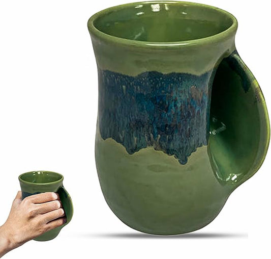 Clay in Motion Hand Warmer Coffee Mug – Handmade Coffee Mug With Comfortable Handle Contoured Pocket Hand Warming Ceramic Coffee Mug – Proudly Made in USA – Right Handed – 14 Oz - Misty Green