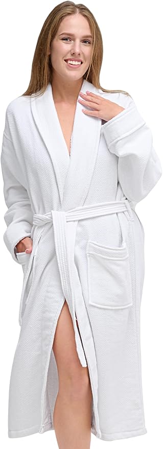 White Classic Waffle Bathrobe for Women, Men, 100% Turkish Cotton, Luxury Terry Interior, Waffle Exterior, One Size Fits Most