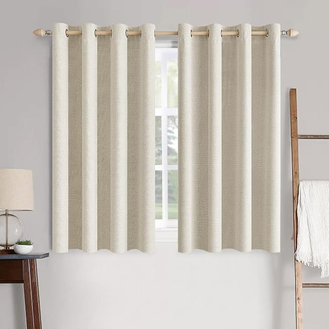 MIULEE 100% Blackout Linen Textured Curtains for Bedroom Solid Thermal Insulated Light Ivory Grommet Room Darkening Curtains & Drapes Luxury Decor for Living Room 52 x 54 Inch (2 Panels)