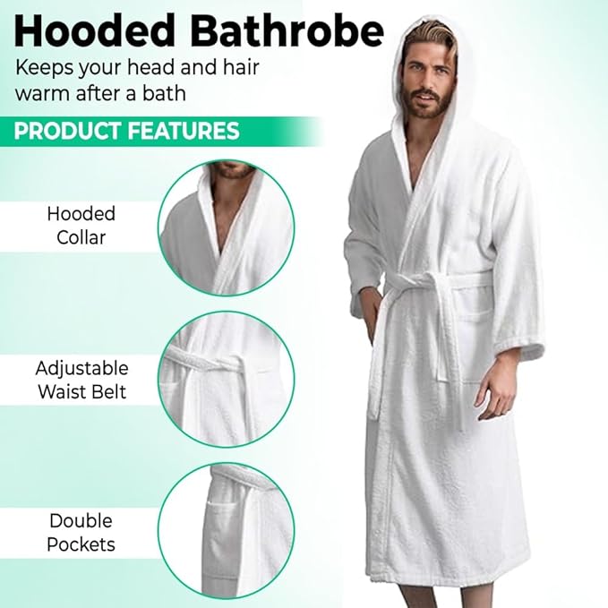 Men’s Hooded Bathrobe, 100% Cotton Terry Bathrobe, Spa Style Bath Robe, Absorbent Shower Robe, Lightweight Towel Bathrobes