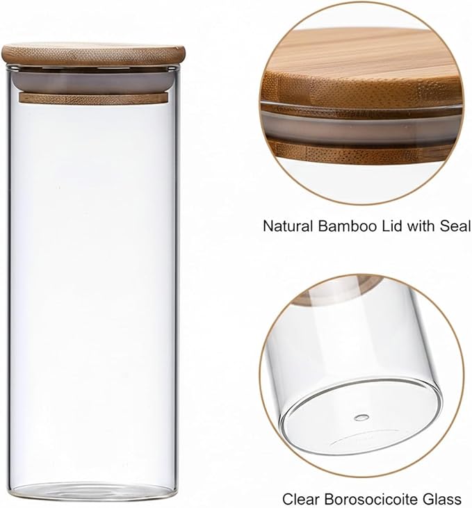 Borosilicate Glass Storage Jars with Bamboo Lids, Clear Kitchen Canisters for Pantry Organization of Dry Goods, Coffee, Tea, and Grains