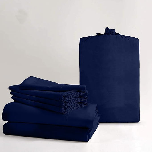 100% Real Certified Organic Cotton Bedsheet Set, Full-XL Size 6 Piece 1000 Thread Count Sheets Sets, [1 Fitted + 1 Flat + 4 Pillowcases], Extra 24" Deep Pocket - Navy Blue