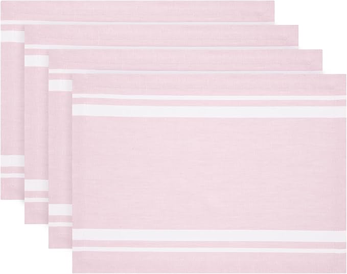 Solino Home Linen Placemats Set of 4 - French Stripe White and Dusty Pink Placemats 14 x 19 Inch - 100% Pure Linen Table Mats for Summer
